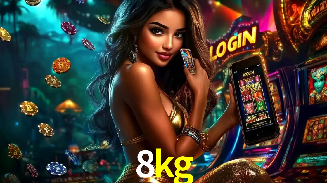 Mulher em um cenário de cassino temático de aventura, mostrando o app de caça-níqueis da 8kg no celular. Fichas de apostas flutuam ao redor.