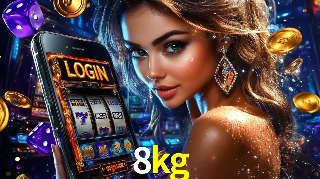 Mulher glamorosa segurando um smartphone com a tela de login para os jogos de caça-níqueis do cassino online 8kg, com moedas de ouro e dados ao redor.