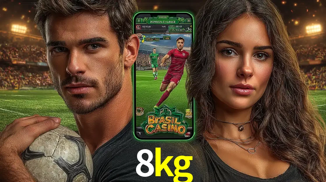 Homem segurando uma bola de futebol e uma mulher ao lado de um smartphone exibindo o jogo de apostas esportivas da 8kg. Faça seu palpite no cassino online.